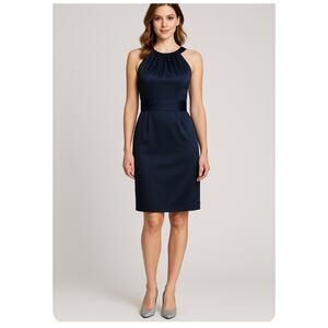 Antonio Melani Navy Satin Sleeveless Cocktail Dress 8 Pleated Neckline Holiday
